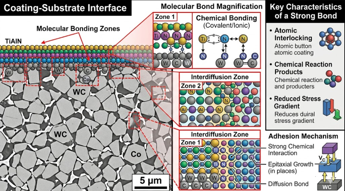 An illustration of a coating bonding with the carbide substrate at a molecular level