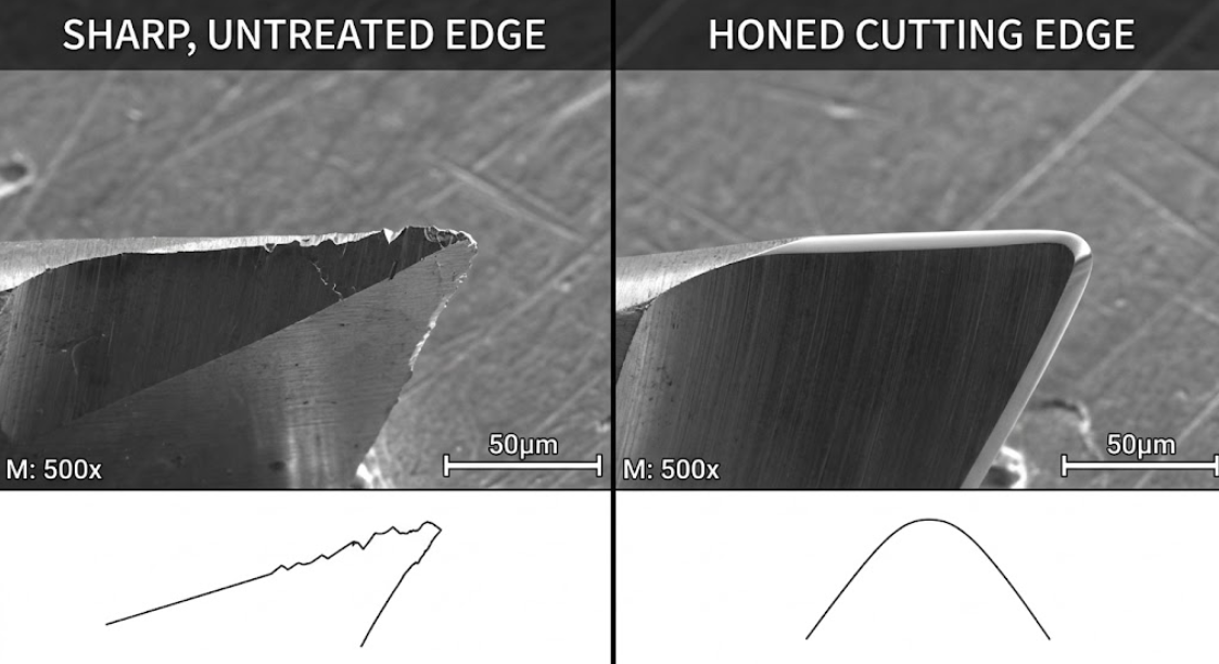 Microscope comparison of a sharp, untreated edge versus a honed cutting edge